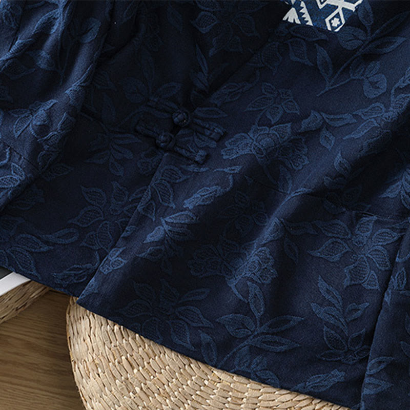Buddha Stones Casual Jacquard Frog-Button Women's Cotton Linen Long Sleeve Shirt