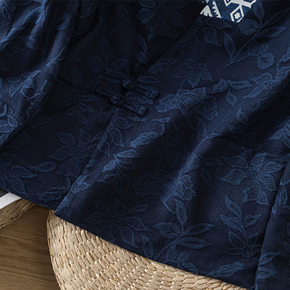Buddha Stones Casual Jacquard Frog-Button Women's Cotton Linen Long Sleeve Shirt