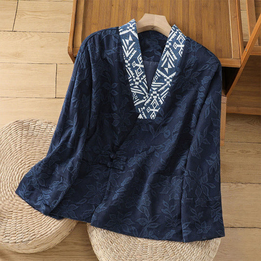 Buddha Stones Casual Jacquard Frog-Button Women's Cotton Linen Long Sleeve Shirt