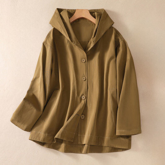 Buddha Stones Pure Color Hooded Women's Long Sleeve Cotton Jacket With Pockets