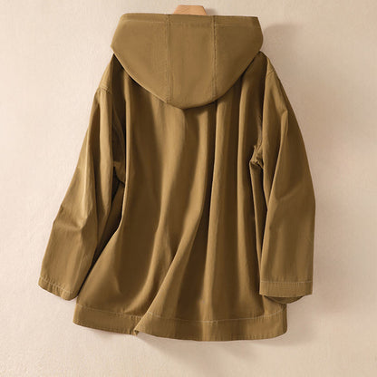 Buddha Stones Pure Color Hooded Women's Long Sleeve Cotton Jacket With Pockets