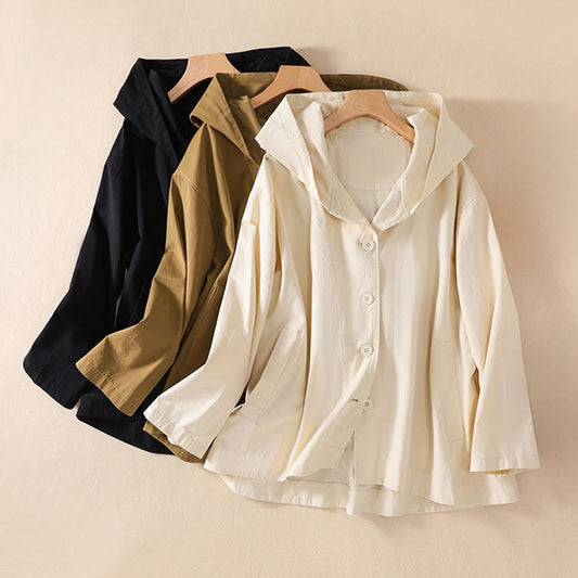 Buddha Stones Pure Color Hooded Women's Long Sleeve Cotton Jacket With Pockets