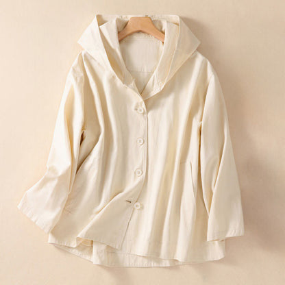 Buddha Stones Pure Color Hooded Women's Long Sleeve Cotton Jacket With Pockets