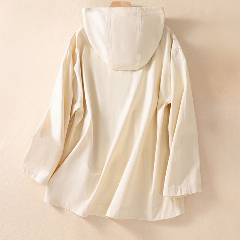 Buddha Stones Pure Color Hooded Women's Long Sleeve Cotton Jacket With Pockets
