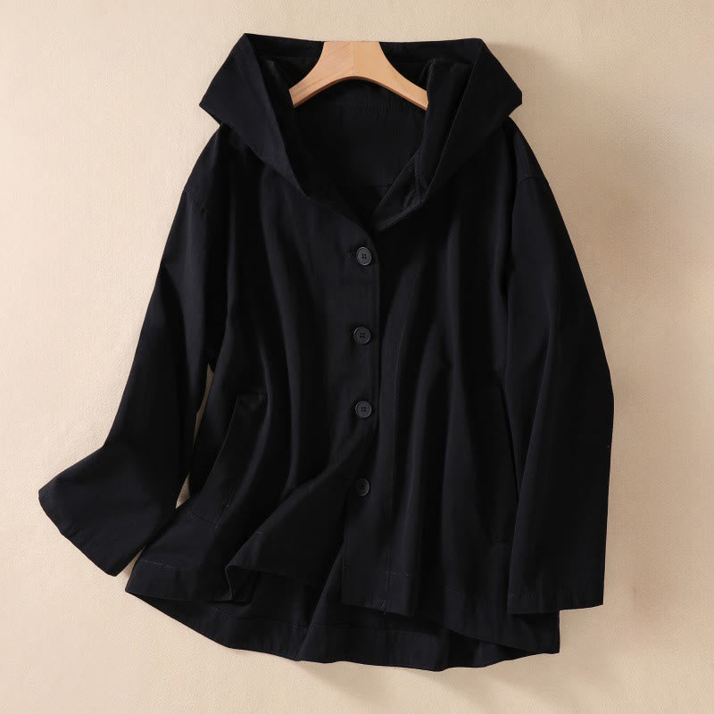 Buddha Stones Pure Color Hooded Women's Long Sleeve Cotton Jacket With Pockets