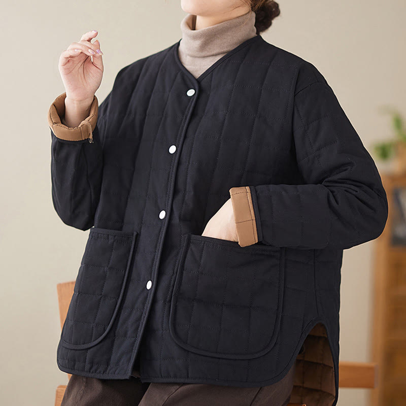 Buddha Stones Retro Plain Women's Thick Cotton Long Sleeve Coat Jacket With Pockets