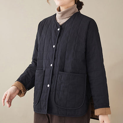 Buddha Stones Retro Plain Women's Thick Cotton Long Sleeve Coat Jacket With Pockets