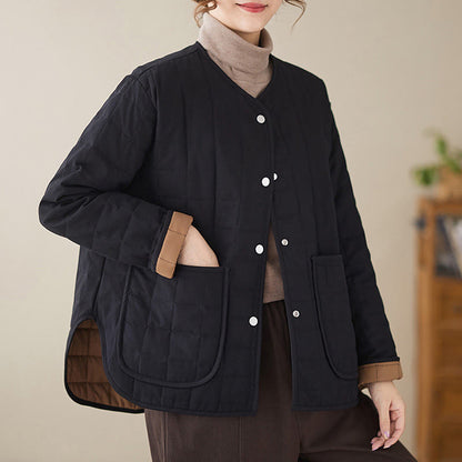 Buddha Stones Retro Plain Women's Thick Cotton Long Sleeve Coat Jacket With Pockets