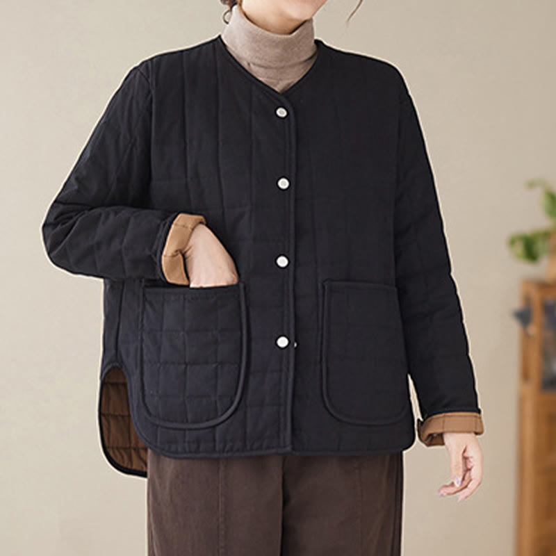 Buddha Stones Retro Plain Women's Thick Cotton Long Sleeve Coat Jacket With Pockets