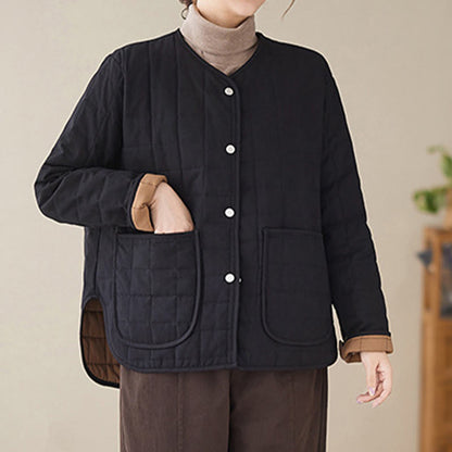 Buddha Stones Retro Plain Women's Thick Cotton Long Sleeve Coat Jacket With Pockets