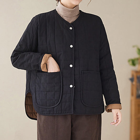 Buddha Stones Retro Plain Women's Thick Cotton Long Sleeve Coat Jacket With Pockets