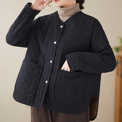 Buddha Stones Retro Plain Women's Thick Cotton Long Sleeve Coat Jacket With Pockets