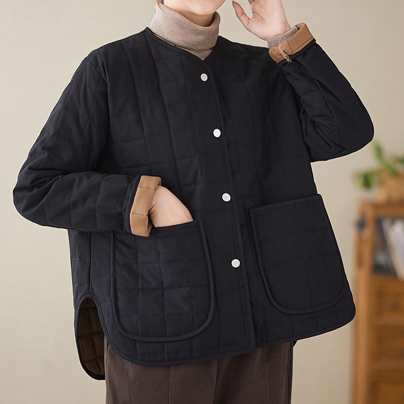 Buddha Stones Retro Plain Women's Thick Cotton Long Sleeve Coat Jacket With Pockets