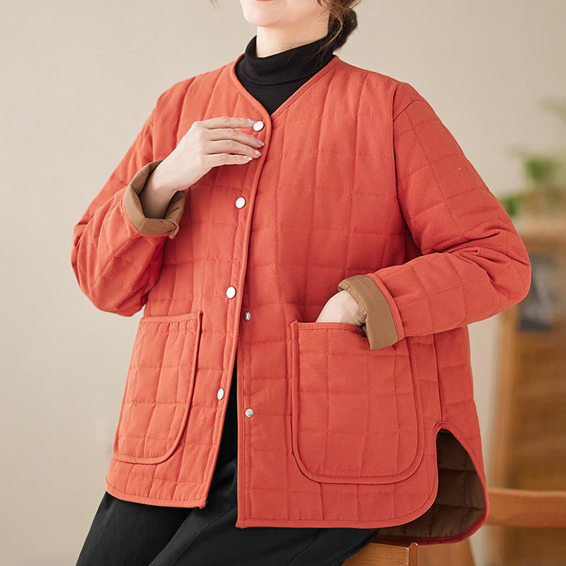 Buddha Stones Retro Plain Women's Thick Cotton Long Sleeve Coat Jacket With Pockets