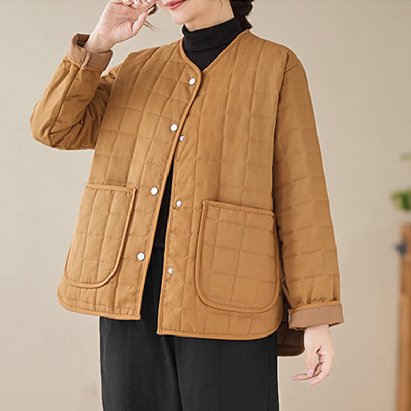 Buddha Stones Retro Plain Women's Thick Cotton Long Sleeve Coat Jacket With Pockets