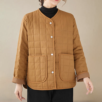 Buddha Stones Retro Plain Women's Thick Cotton Long Sleeve Coat Jacket With Pockets