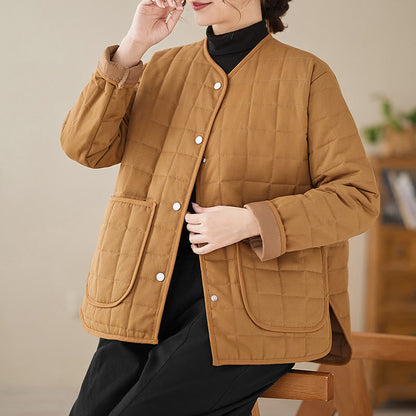 Buddha Stones Retro Plain Women's Thick Cotton Long Sleeve Coat Jacket With Pockets