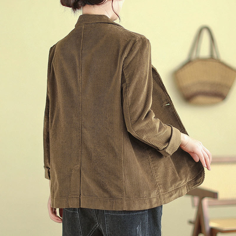 Buddha Stones Retro Plain Women's Cotton Long Sleeve Corduroy Jacket With Pockets