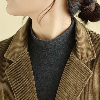 Buddha Stones Retro Plain Women's Cotton Long Sleeve Corduroy Jacket With Pockets