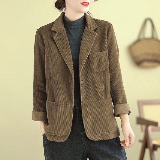Buddha Stones Retro Plain Women's Cotton Long Sleeve Corduroy Jacket With Pockets