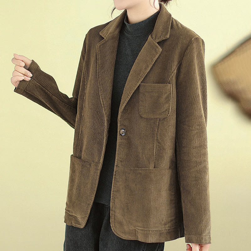 Buddha Stones Retro Plain Women's Cotton Long Sleeve Corduroy Jacket With Pockets