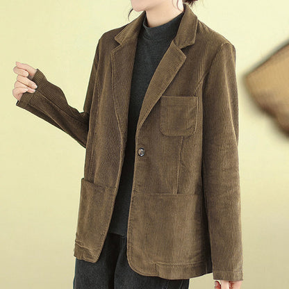 Buddha Stones Retro Plain Women's Cotton Long Sleeve Corduroy Jacket With Pockets