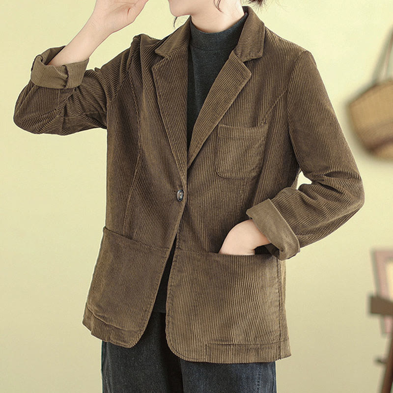 Buddha Stones Retro Plain Women's Cotton Long Sleeve Corduroy Jacket With Pockets