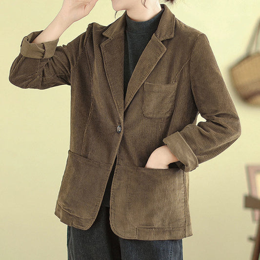 Buddha Stones Retro Plain Women's Cotton Long Sleeve Corduroy Jacket With Pockets