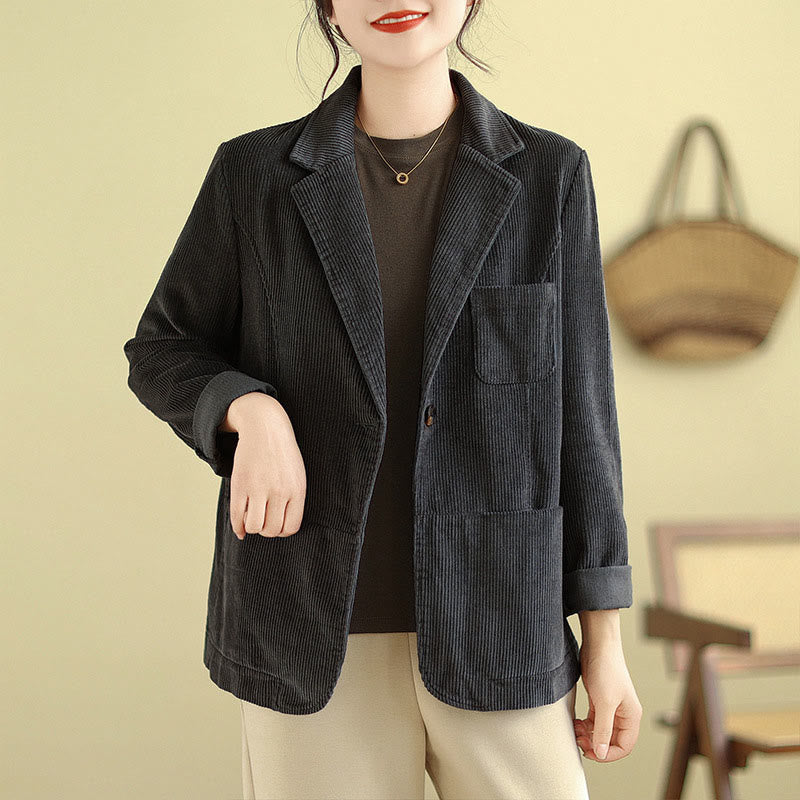 Buddha Stones Retro Plain Women's Cotton Long Sleeve Corduroy Jacket With Pockets