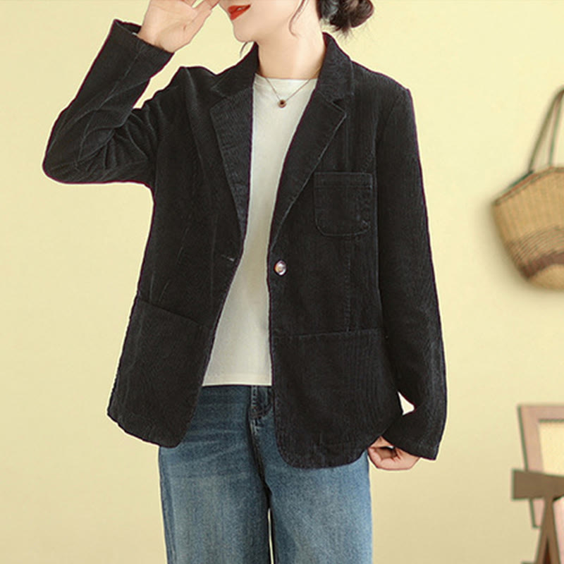 Buddha Stones Retro Plain Women's Cotton Long Sleeve Corduroy Jacket With Pockets