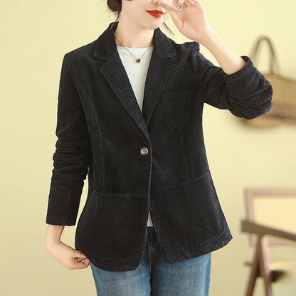 Buddha Stones Retro Plain Women's Cotton Long Sleeve Corduroy Jacket With Pockets