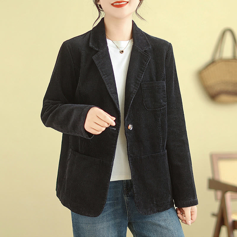 Buddha Stones Retro Plain Women's Cotton Long Sleeve Corduroy Jacket With Pockets