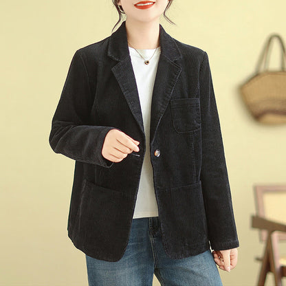 Buddha Stones Retro Plain Women's Cotton Long Sleeve Corduroy Jacket With Pockets