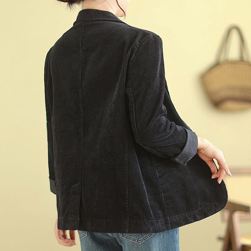 Buddha Stones Retro Plain Women's Cotton Long Sleeve Corduroy Jacket With Pockets