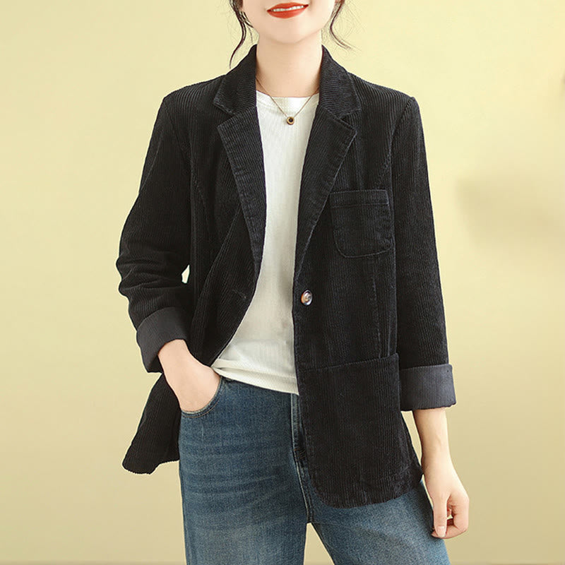 Buddha Stones Retro Plain Women's Cotton Long Sleeve Corduroy Jacket With Pockets