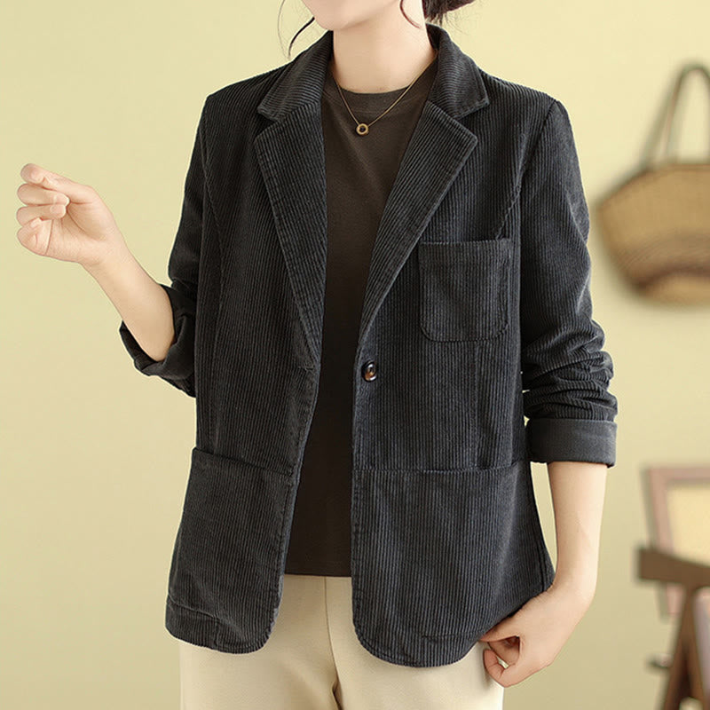 Buddha Stones Retro Plain Women's Cotton Long Sleeve Corduroy Jacket With Pockets