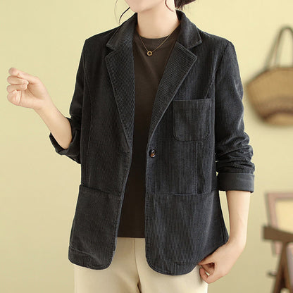 Buddha Stones Retro Plain Women's Cotton Long Sleeve Corduroy Jacket With Pockets