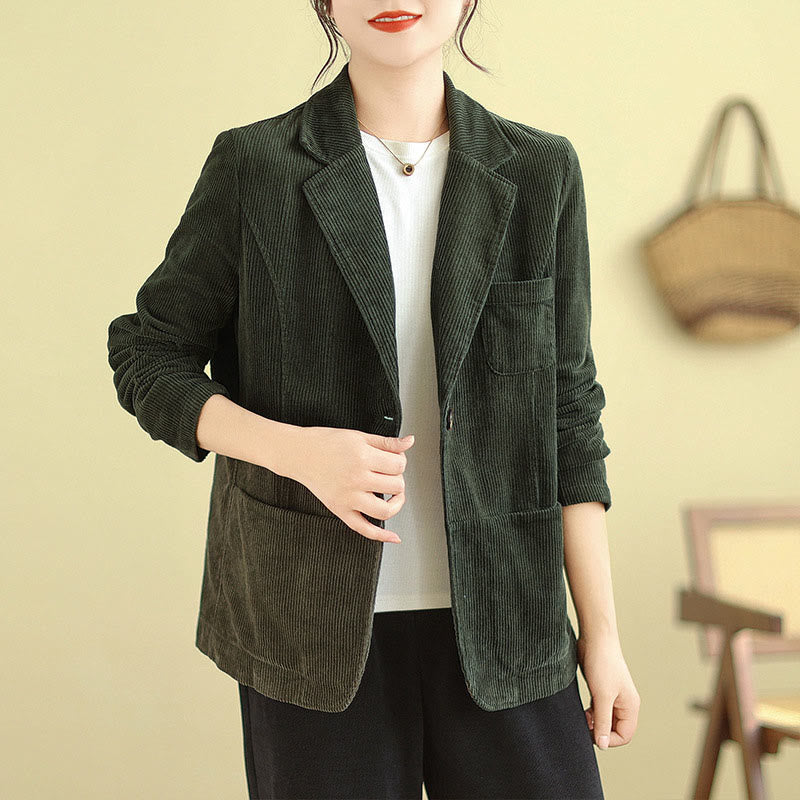 Buddha Stones Retro Plain Women's Cotton Long Sleeve Corduroy Jacket With Pockets