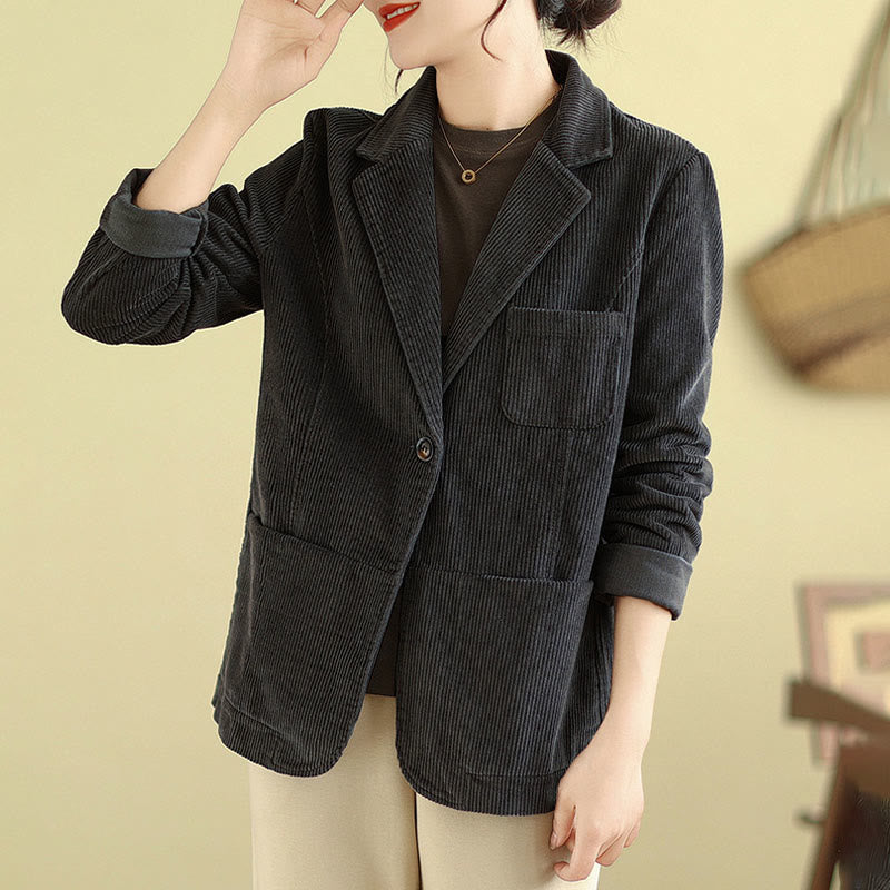 Buddha Stones Retro Plain Women's Cotton Long Sleeve Corduroy Jacket With Pockets