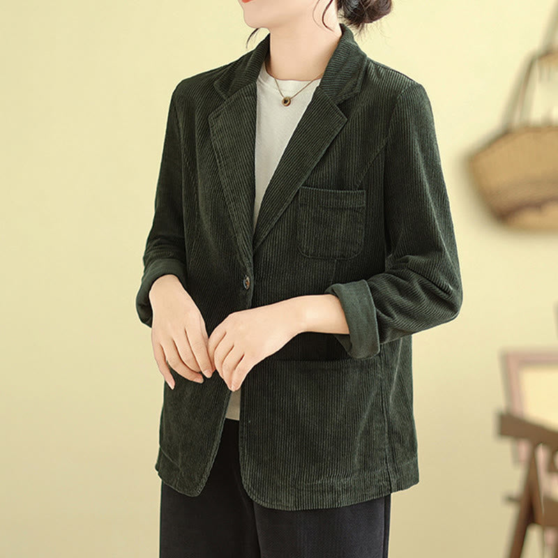 Buddha Stones Retro Plain Women's Cotton Long Sleeve Corduroy Jacket With Pockets