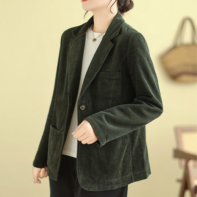 Buddha Stones Retro Plain Women's Cotton Long Sleeve Corduroy Jacket With Pockets