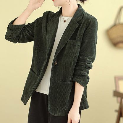 Buddha Stones Retro Plain Women's Cotton Long Sleeve Corduroy Jacket With Pockets