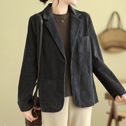 Buddha Stones Retro Plain Women's Cotton Long Sleeve Corduroy Jacket With Pockets