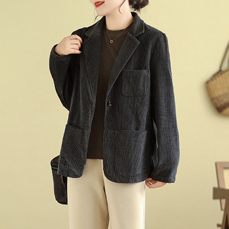 Buddha Stones Retro Plain Women's Cotton Long Sleeve Corduroy Jacket With Pockets