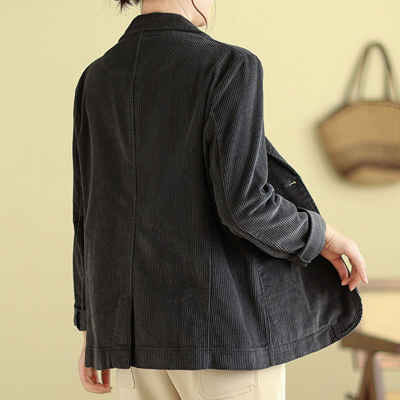 Buddha Stones Retro Plain Women's Cotton Long Sleeve Corduroy Jacket With Pockets