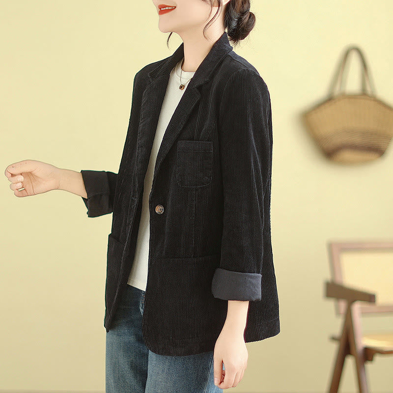 Buddha Stones Retro Plain Women's Cotton Long Sleeve Corduroy Jacket With Pockets