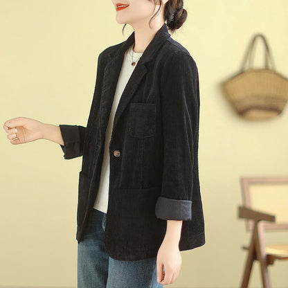 Buddha Stones Retro Plain Women's Cotton Long Sleeve Corduroy Jacket With Pockets