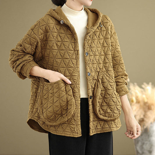 Buddha Stones Retro Rhombic Pattern Women's Acrylic Hooded Long Sleeve Jacket
