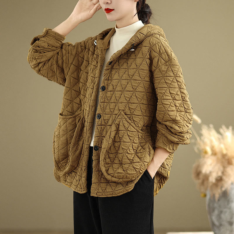 Buddha Stones Retro Rhombic Pattern Women's Acrylic Hooded Long Sleeve Jacket