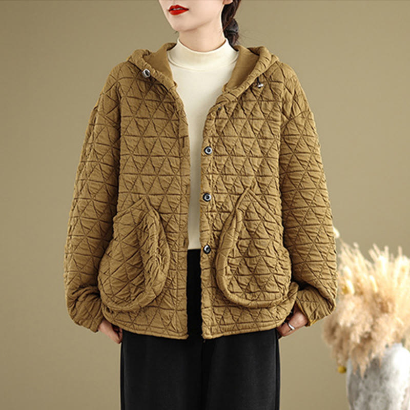 Buddha Stones Retro Rhombic Pattern Women's Acrylic Hooded Long Sleeve Jacket